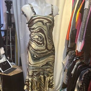 Jeff Gallano Chic Swirl Pattern Midi Dress silk